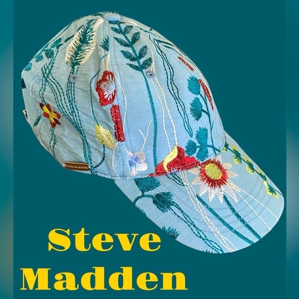 Steve Madden Light Blue Floral Embroidered Baseball Cap